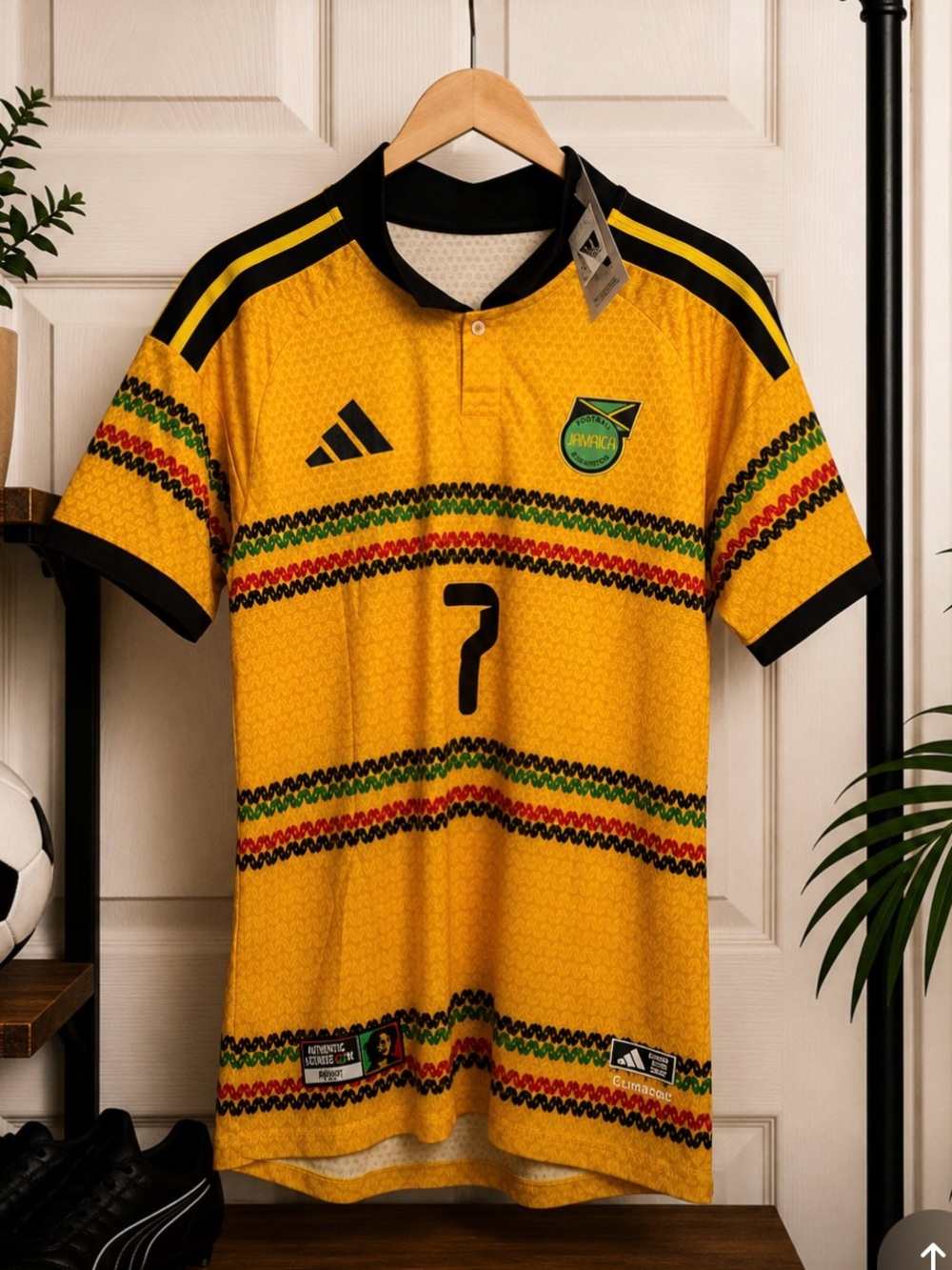 adidas Men’s Yellow Jamaica Football Jersey with Black Trim